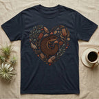 Dark t-shirt with a heart-shaped design featuring a lizard surrounded by flowers and stones.