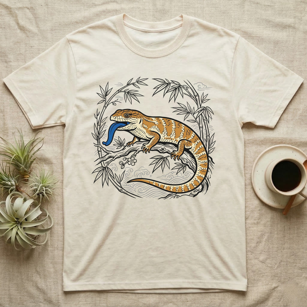 Bearded dragon on a branch with blue tongue, surrounded by bamboo.