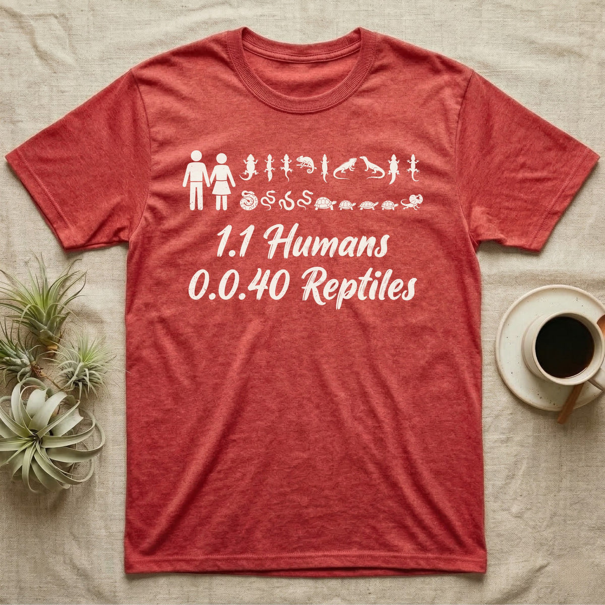 Reptile Family Decal T-Shirt in Heather Red — Stick-figure family decal of two humans beside two rows of reptile stickers, over script reading 1.1 Humans 0.0.40 Reptiles