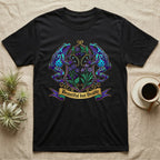 Black t-shirt featuring stylized blue and purple frogs on a floral banner reading "Beautiful but Deadly".
