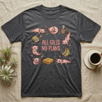 Axolotl All Gills No Plans T-Shirt in Dark Heather — Cartoon sticker collection of six leucistic axolotls resting among a mug, socks, a blanket and a book, under the words ALL GILLS NO PLANS.