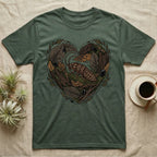 Green t-shirt with a heart-shaped design of a cockroach and forest elements.