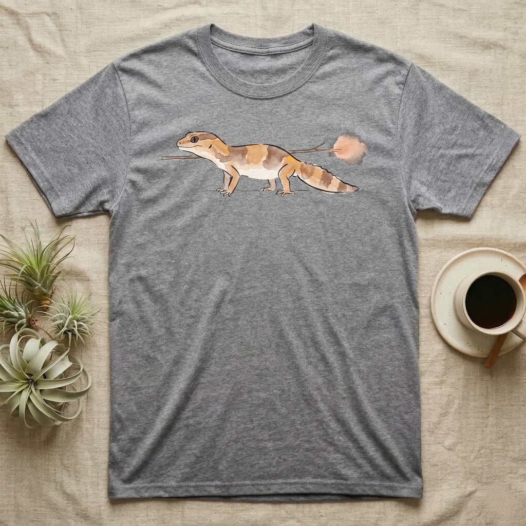 African Fat-Tailed Gecko Watercolour T-Shirt in Sport Grey — Watercolour African fat-tailed gecko in profile beneath a thin twig ending in a soft bloom, drawn with a broken ink line.