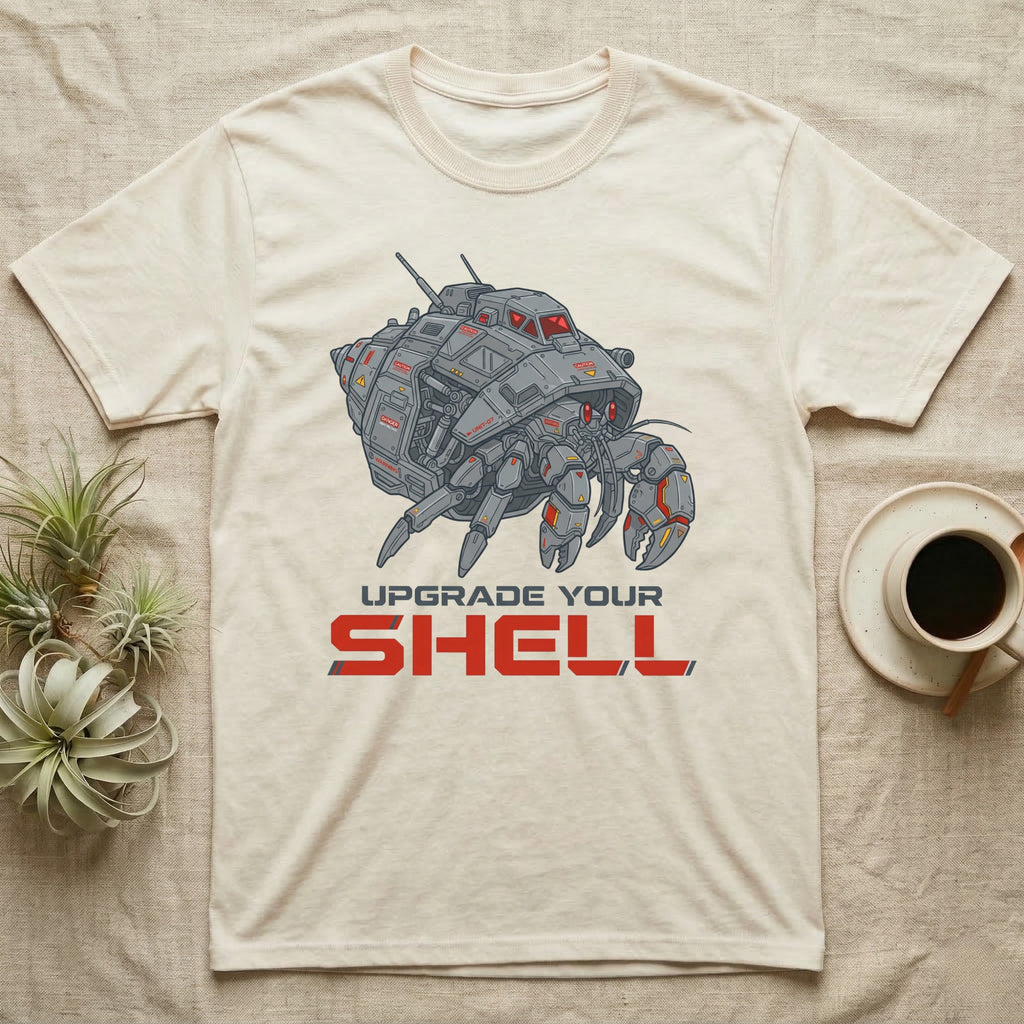 T-shirt with a robotic hermit crab graphic and "UPGRADE YOUR SHELL" text.