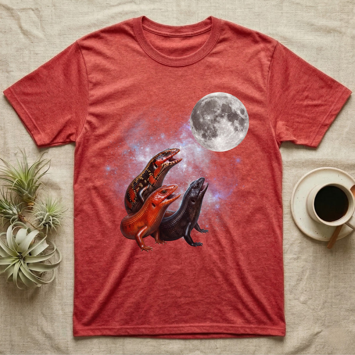 Fire Skink Moon Howl T-Shirt in Heather Red — Three Fire Skink colour morphs howling at a full moon over a nebula on a dark grey t-shirt.