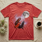 Fire Skink Moon Howl T-Shirt in Heather Red — Three Fire Skink colour morphs howling at a full moon over a nebula on a dark grey t-shirt.