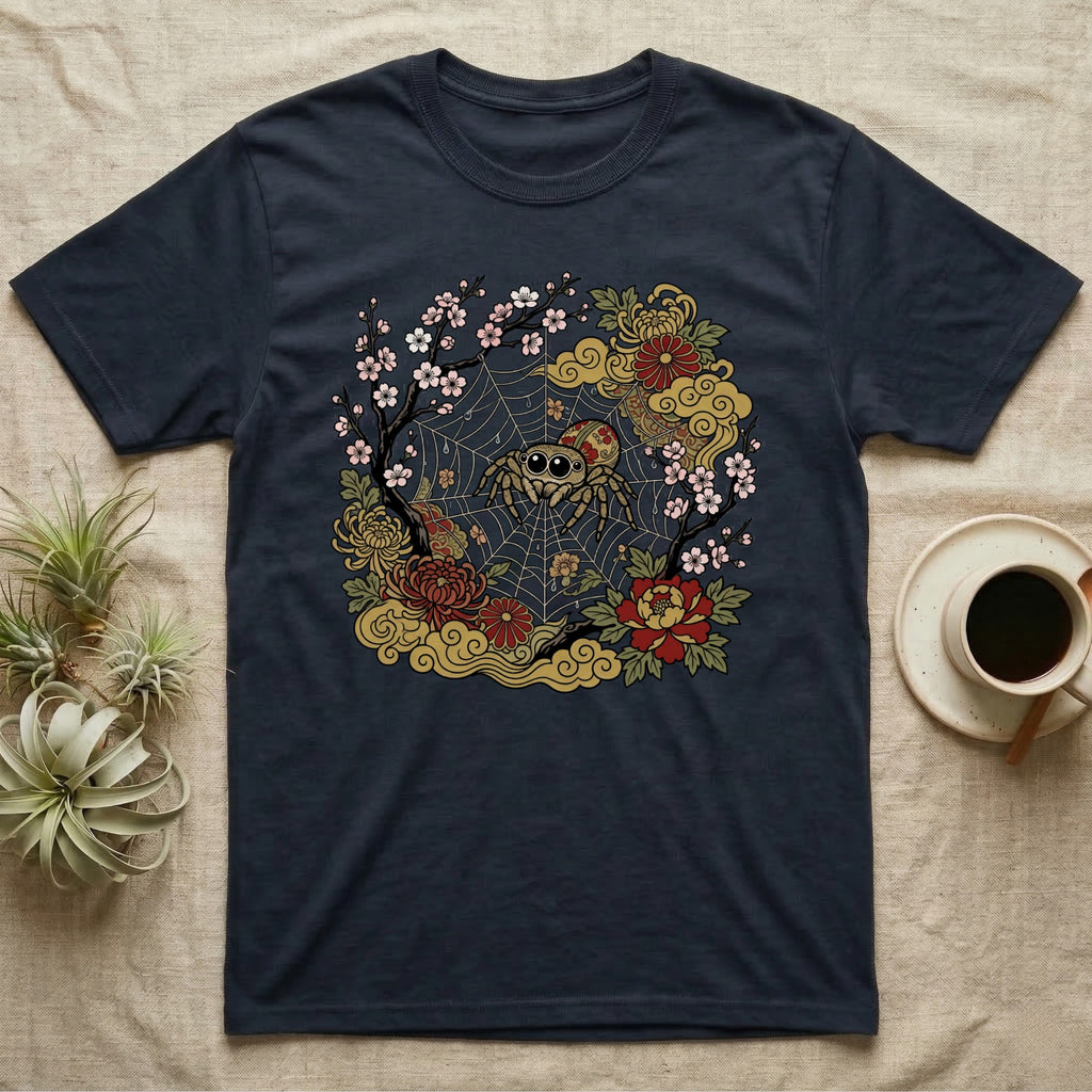 Dark t-shirt with jumping spider and floral Japanese-inspired design.