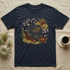 Dark t-shirt with jumping spider and floral Japanese-inspired design.