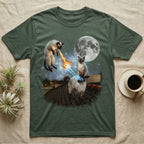 Siamese cats with laser eyes on a rooftop under a full moon.