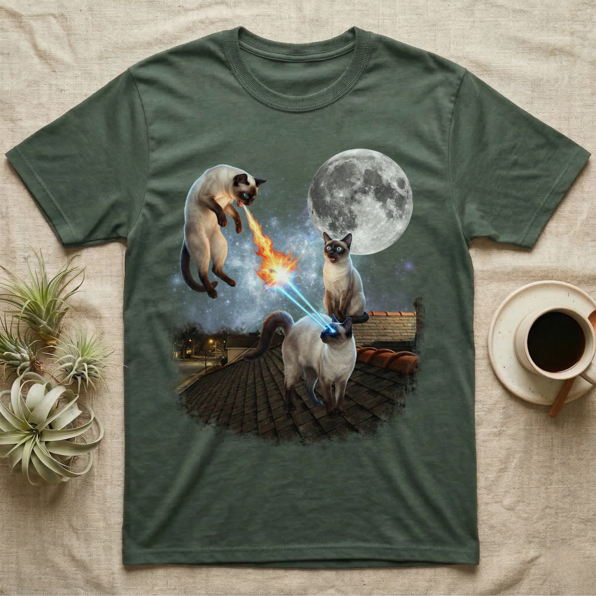 Siamese cats with laser eyes on a rooftop under a full moon.