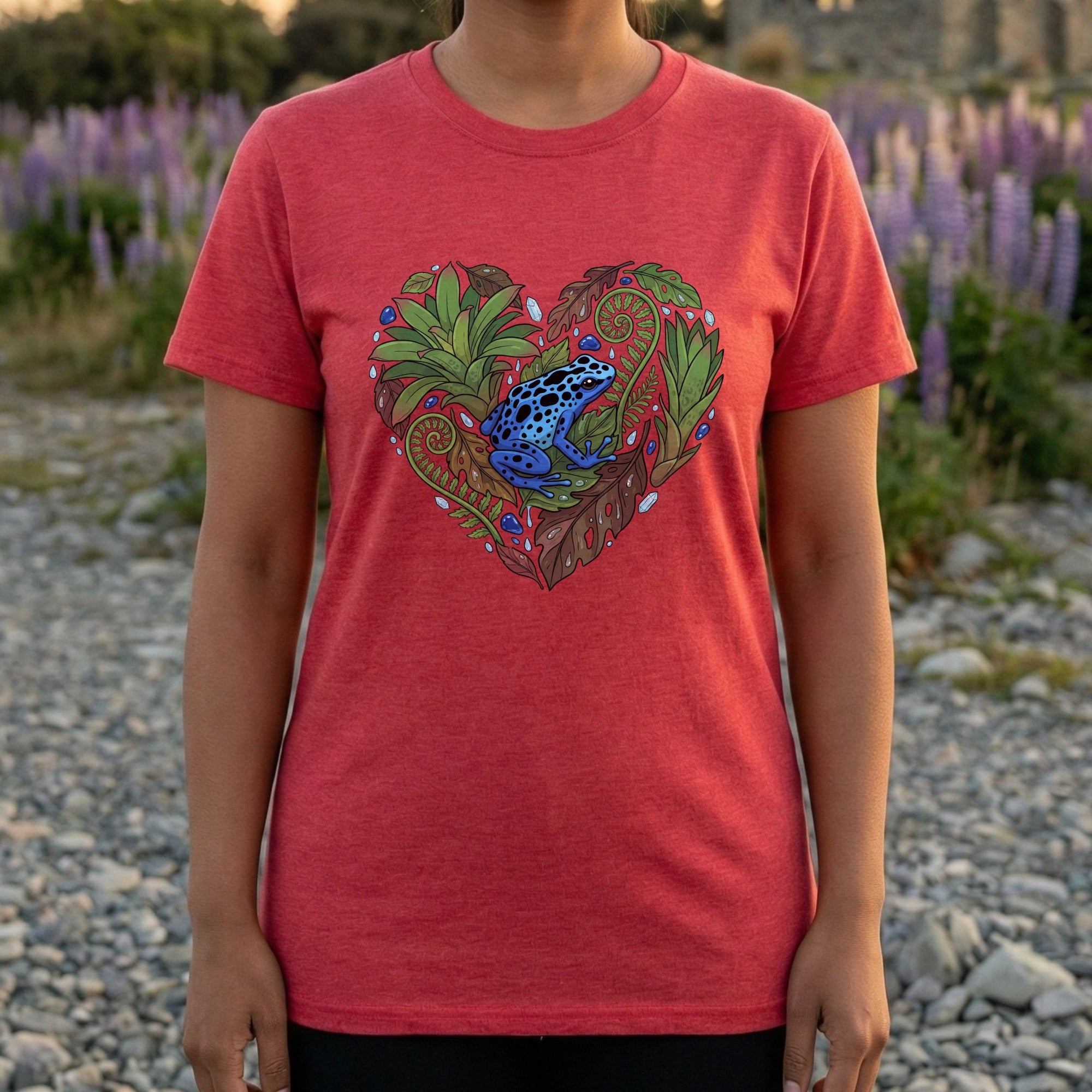 Red Shirt with Blue Frog and Foliage Heart Design