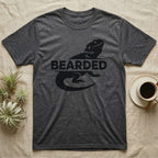 Dark grey t-shirt with a black silhouette of a bearded dragon and the word "BEARDED".