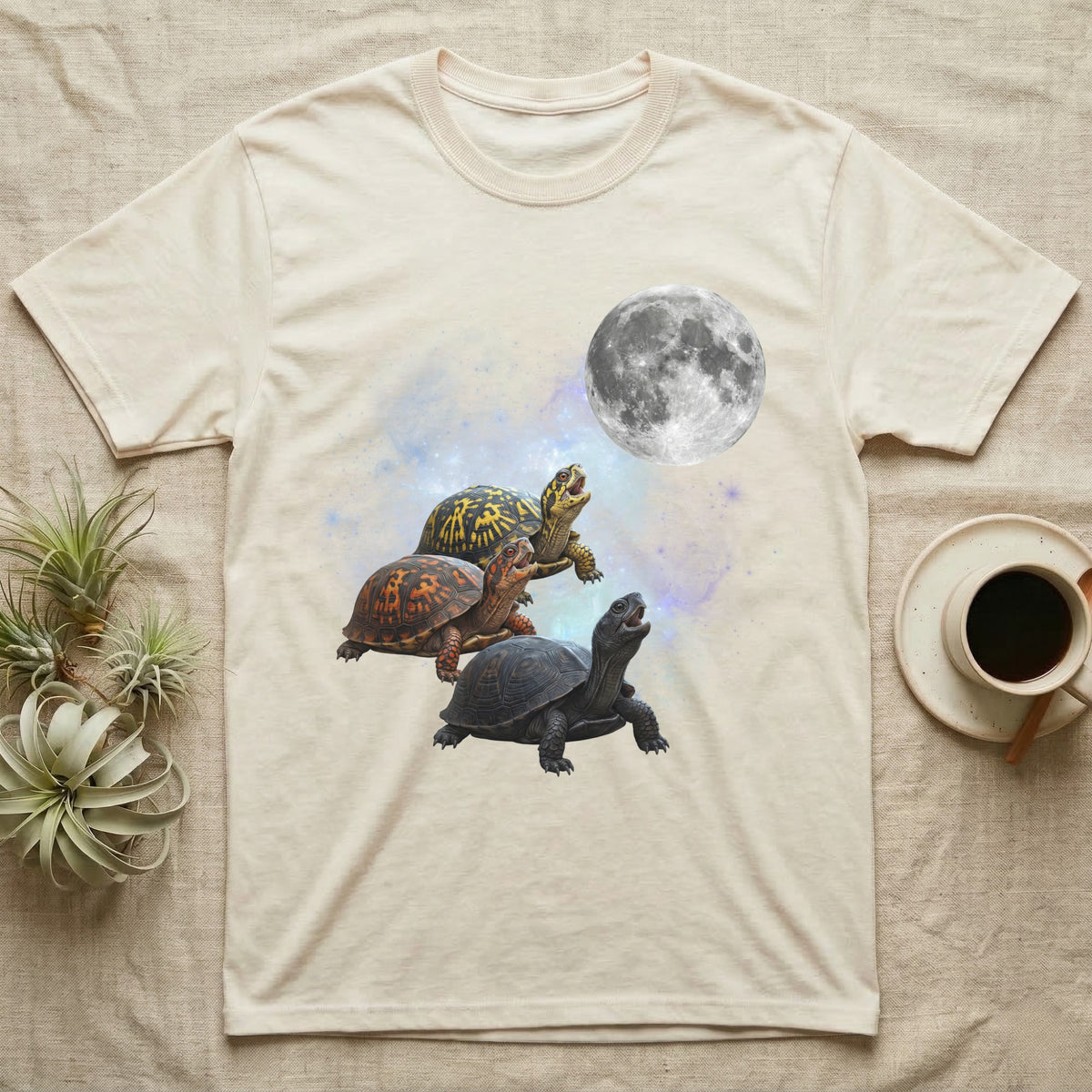 Eastern Box Turtle Moon Howl T-Shirt in Natural — Three Eastern Box Turtle colour morphs howling at a full moon over a nebula on a dark grey t-shirt.