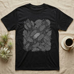 Isopod Colony Pointillism T-Shirt in Black — White pointillism colony of isopods on bark with one solid albino isopod standing out at the center.