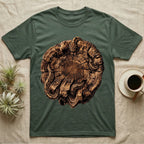 Ball Python Stump Coil T-Shirt in Military Green — Pyrography-style illustration of a ball python threaded through the charred radial cracks of a cross-section log, no on-shirt text.