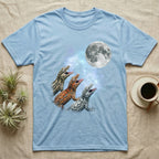 Gargoyle Gecko Moon Howl T-Shirt in Light Blue — Three Gargoyle Gecko colour morphs howling at a full moon over a nebula on a dark grey t-shirt.