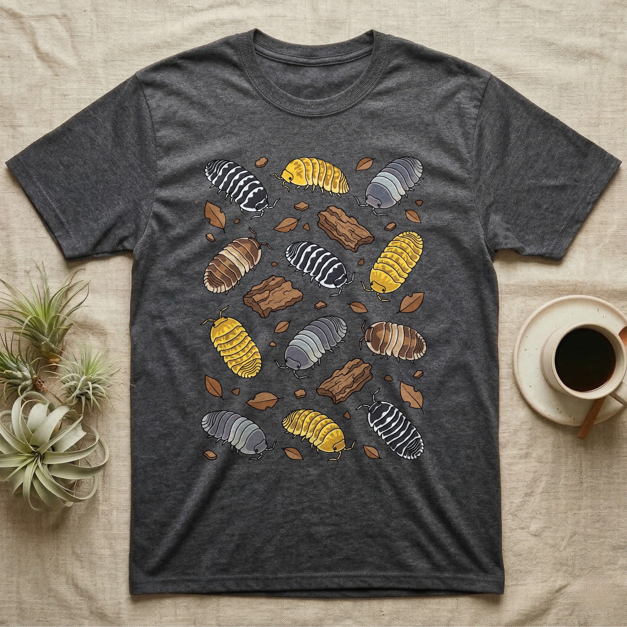 Cubaris Isopod Morphs T-Shirt in Dark Heather — Vector illustration of scattered Cubaris isopod morphs including Panda King, Jupiter, Cappuccino and Zebra on grey.
