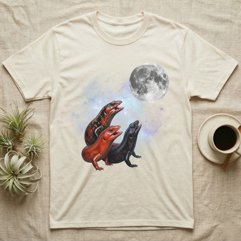 Fire Skink Moon Howl T-Shirt in Natural — Three Fire Skink colour morphs howling at a full moon over a nebula on a dark grey t-shirt.
