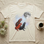 Fire Skink Moon Howl T-Shirt in Natural — Three Fire Skink colour morphs howling at a full moon over a nebula on a dark grey t-shirt.
