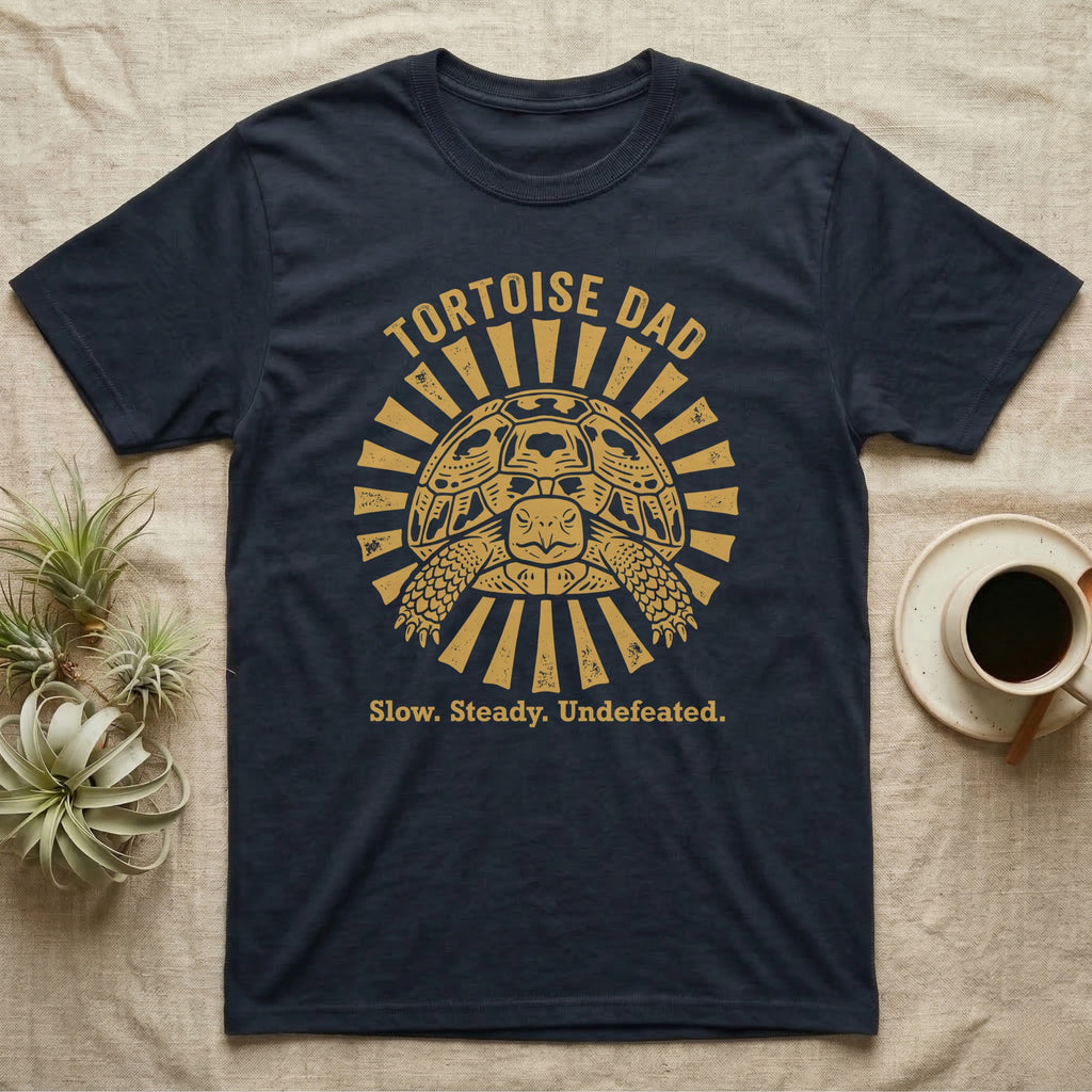 Hermann's Tortoise Dad T-Shirt in Navy — Folk woodblock sunburst badge of a Hermann's tortoise with arched "Tortoise Dad" lettering in ochre ink.