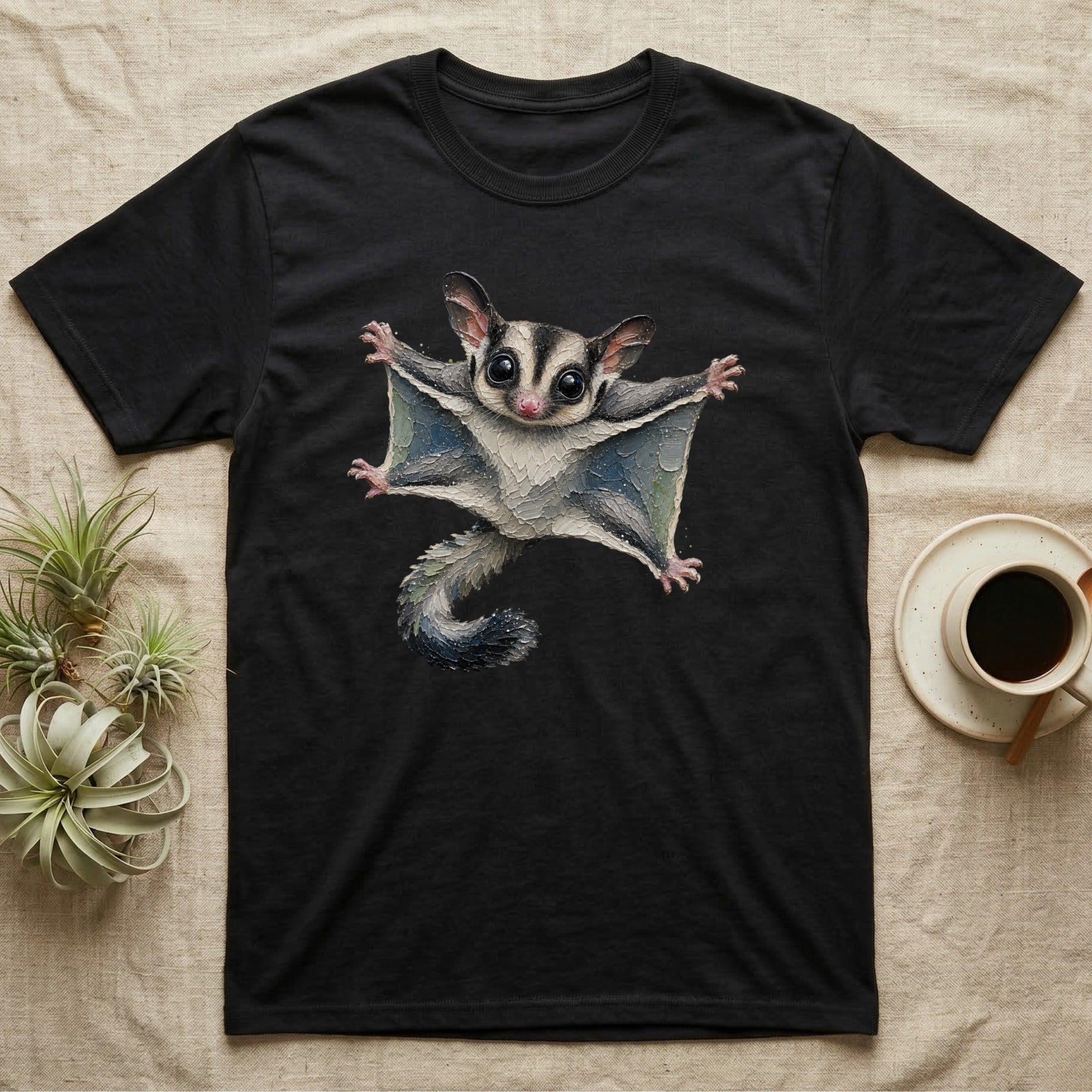 Black t-shirt with a flying sugar glider illustration.