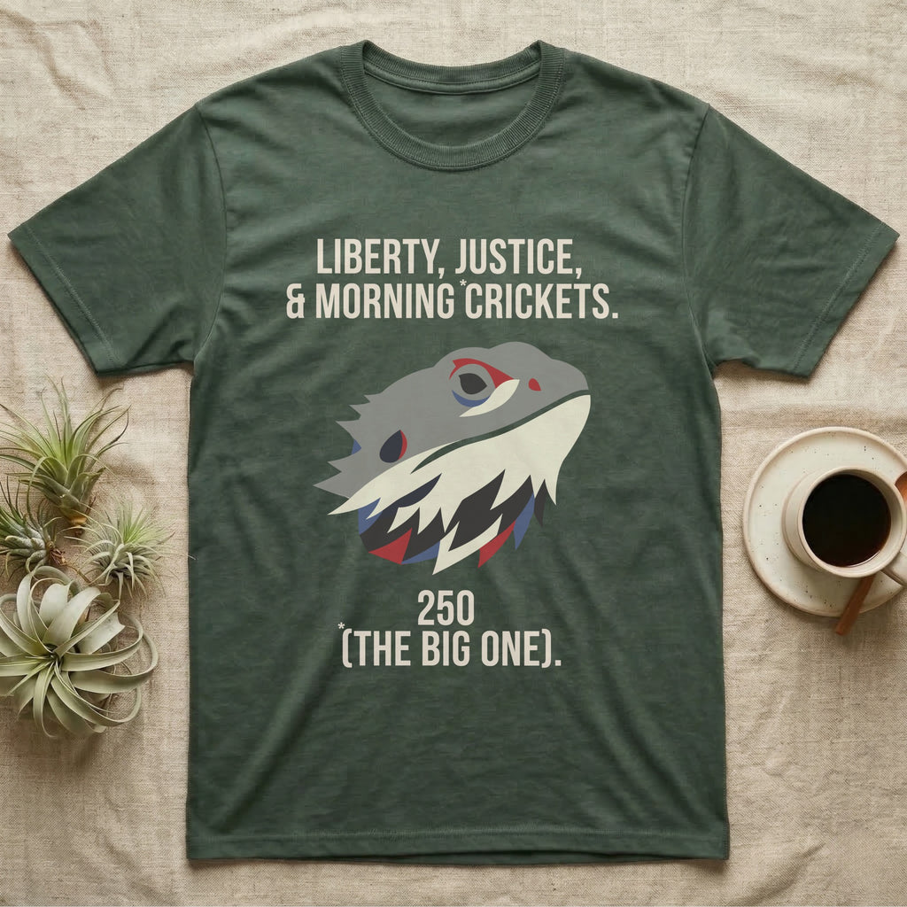 Bearded Dragon Low Poly T-Shirt in Military Green — Low-poly faceted bearded dragon head in muted tones with text Liberty, Justice and Morning Crickets, 250 The Big One.