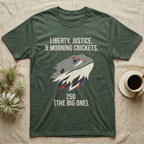 Bearded Dragon Low Poly T-Shirt in Military Green — Low-poly faceted bearded dragon head in muted tones with text Liberty, Justice and Morning Crickets, 250 The Big One.