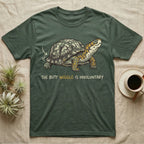 Box Turtle Wiggle T-Shirt in Military Green — Retro-illustration of a box turtle mid shell-scratch with a hand-drawn arrow at its wiggling rear and a deadpan marker caption.