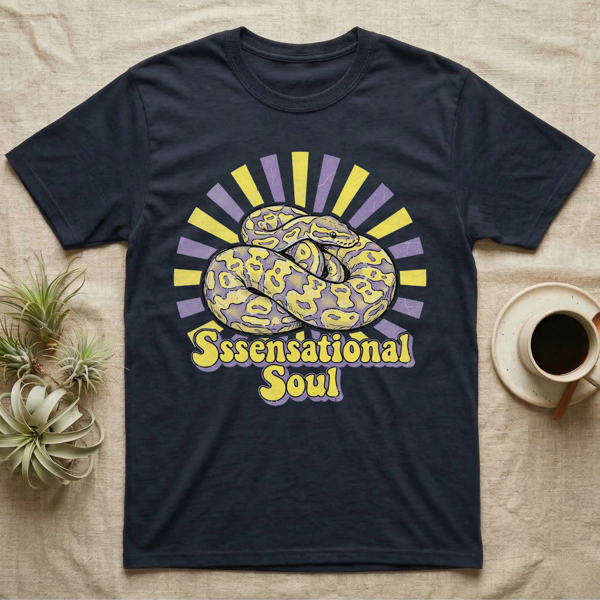 T-shirt with coiled yellow snake and "Sssensational Soul" text.
