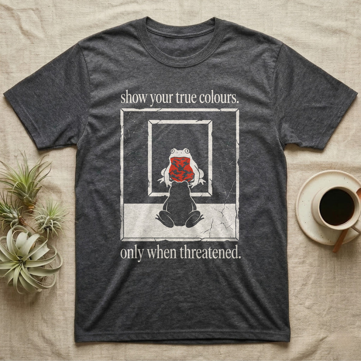 Fire-Bellied Toad Mirror T-Shirt in Dark Heather — Worn photocopy-style poster of a fire-bellied toad seen from behind looking into a mirror, its reflection showing a bright red marbled belly, with the words show your true colours, only when threatened.