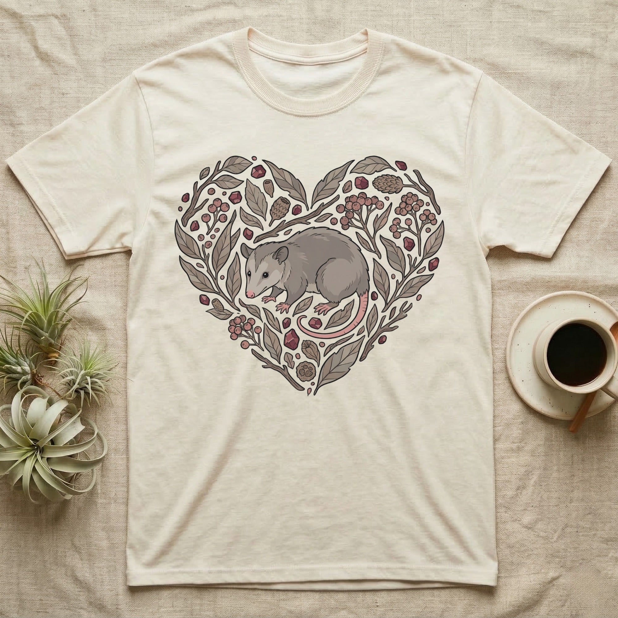 Cream t-shirt with a heart-shaped floral design featuring a grey opossum.