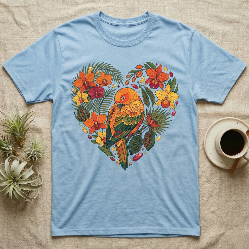 Light blue t-shirt with a heart-shaped tropical bird and floral design.