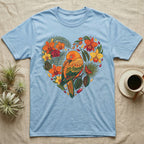 Light blue t-shirt with a heart-shaped tropical bird and floral design.