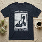 Western Hognose Hood No Venom T-Shirt in Navy — One-bit photocopy western hognose snake in a bordered panel, its hooded reflection turned out with the only eyes.