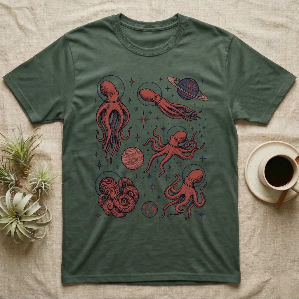 Green t-shirt featuring red octopuses in space with planets and stars.