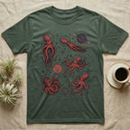 Green t-shirt featuring red octopuses in space with planets and stars.