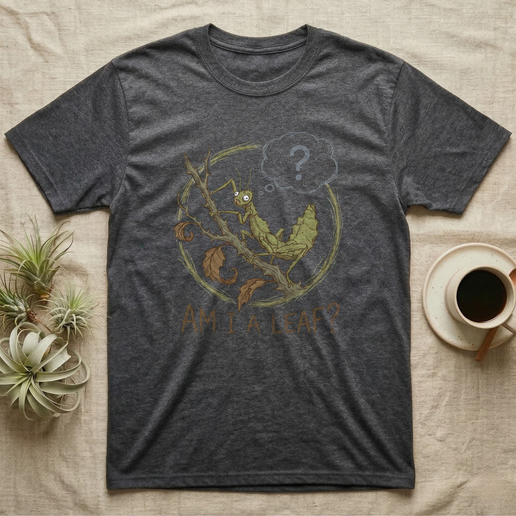 Dark gray t-shirt with a graphic of a praying mantis and text "AM I A LEAF?".