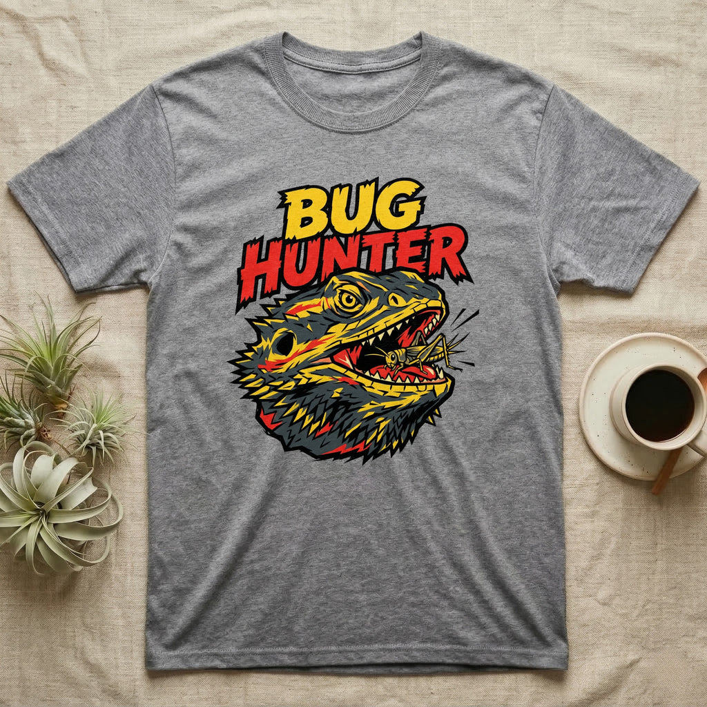 Grey t-shirt featuring a stylized, aggressive bearded dragon eating an insect.