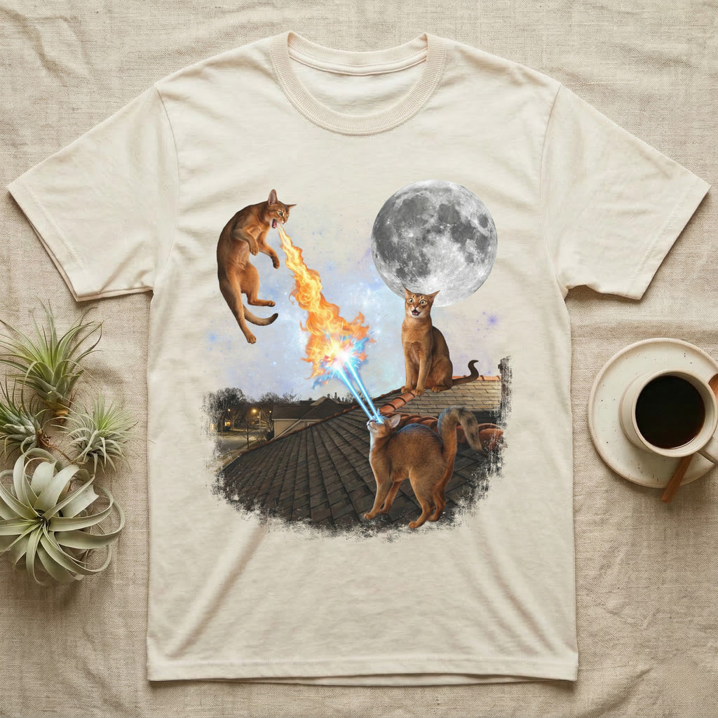 Cats on a rooftop at night, one breathes fire, another shoots lasers.