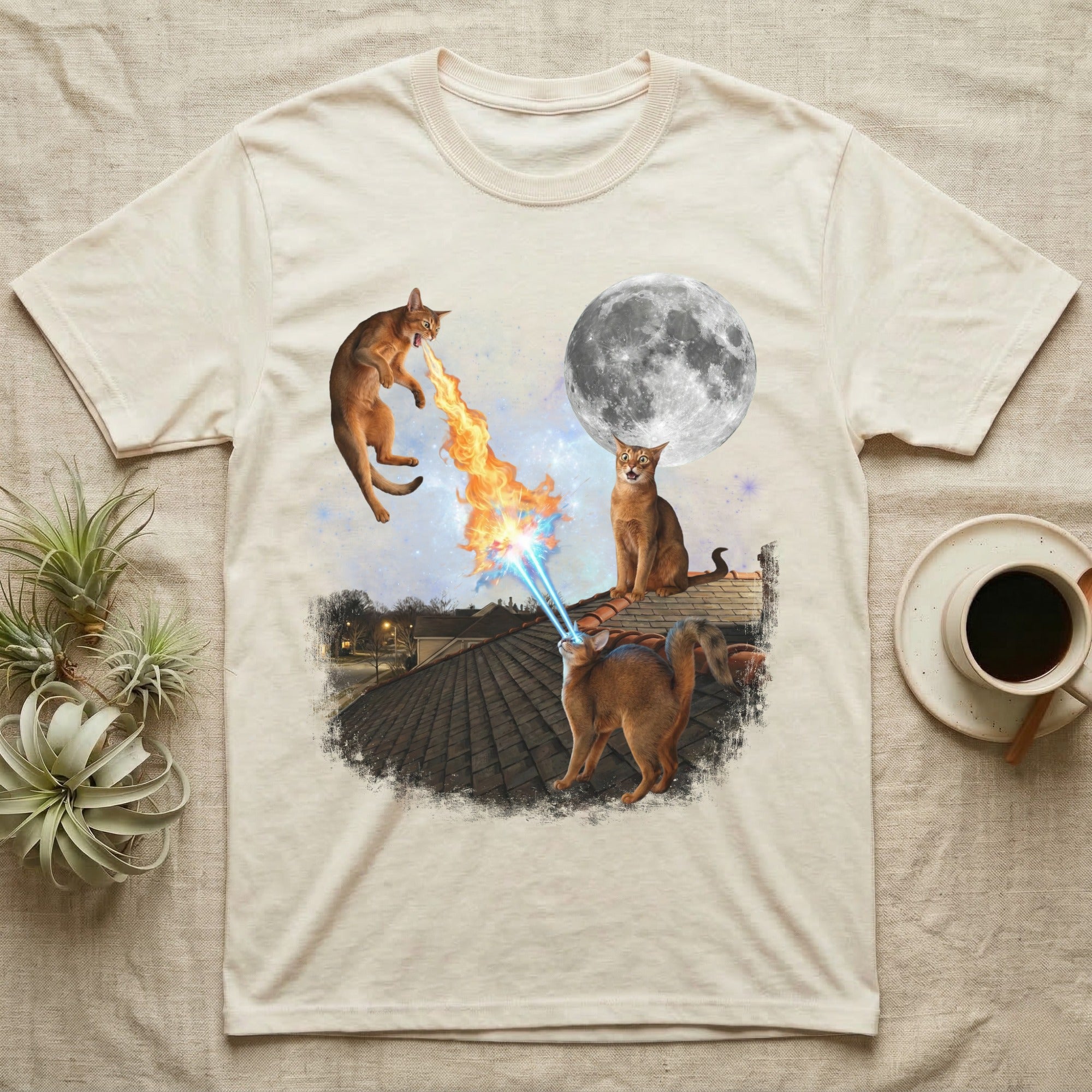 Cats on a rooftop at night, one breathes fire, another shoots lasers.