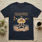 Frilled Lizard Cowboy T-Shirt in Navy — Frilled lizard dressed as a Wild West cowboy with a Stetson and twin holsters under a tall-tale quote in distressed halftone.
