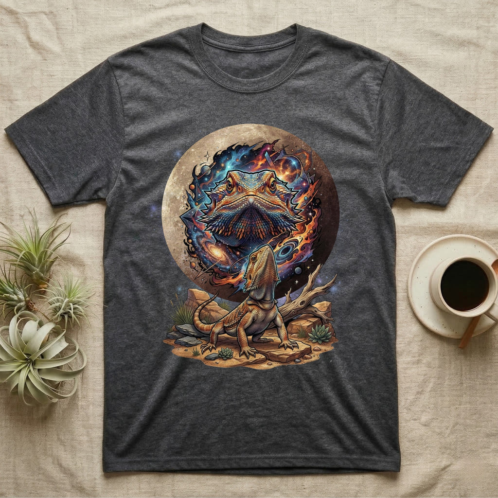 Dark t-shirt with bearded dragon and cosmic moon graphic.