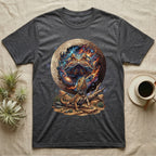 Dark t-shirt with bearded dragon and cosmic moon graphic.