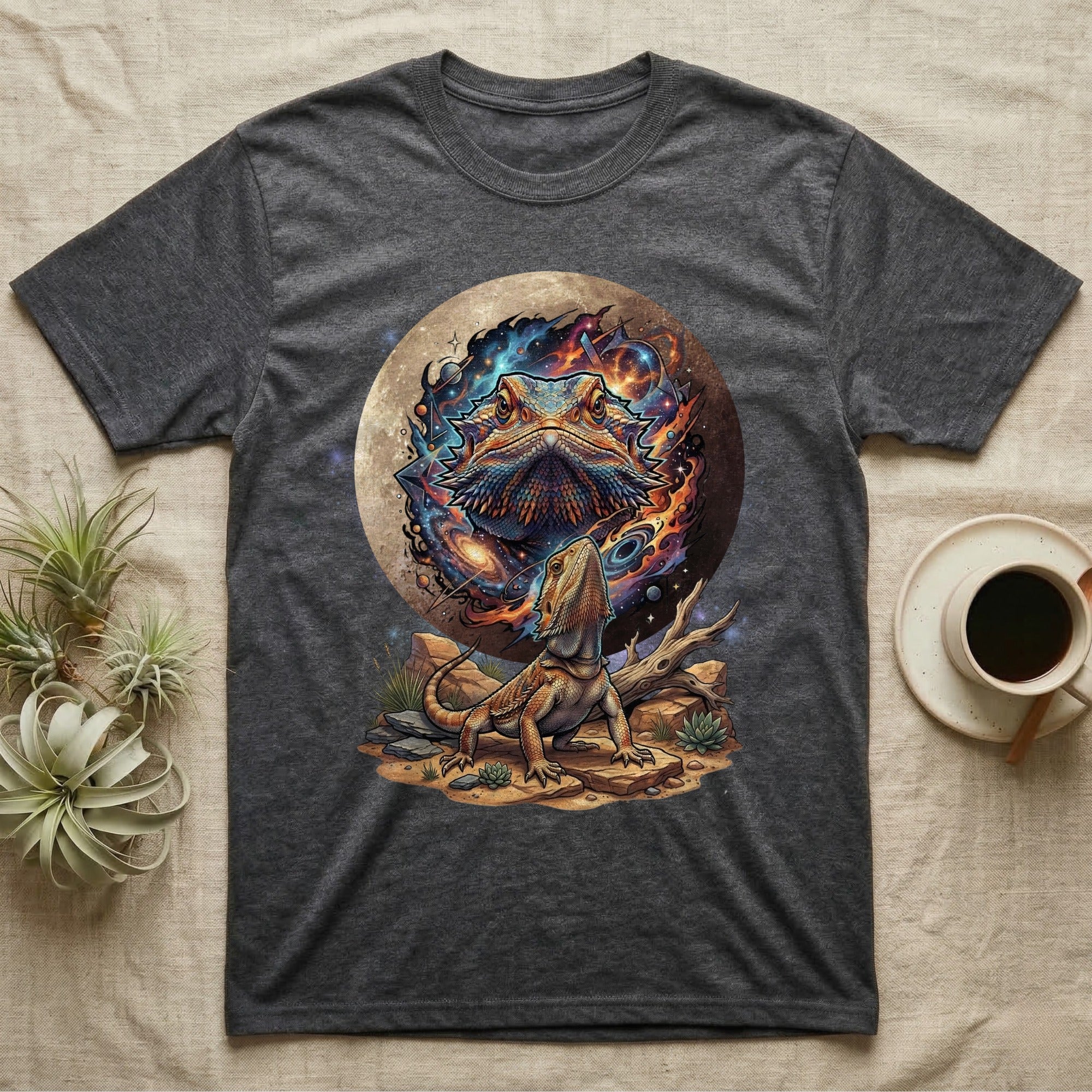 Dark t-shirt with bearded dragon and cosmic moon graphic.