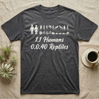 Reptile Family Decal T-Shirt in Dark Heather — Stick-figure family decal of two humans beside two rows of reptile stickers, over script reading 1.1 Humans 0.0.40 Reptiles