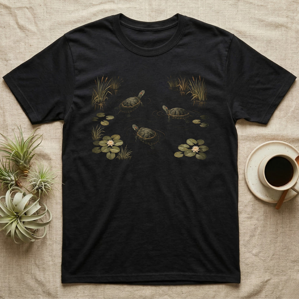Red-Eared Slider Pond T-Shirt in Black — Painted 90s wildlife art of three red-eared sliders swimming a dark pond with golden ripples, water-lilies and cattails
