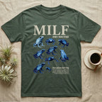 Blue Poison Dart Frog T-Shirt in Military Green — Eight blue poison dart frogs in a cut-out photo collage beneath the huge cream word MILF on grey.