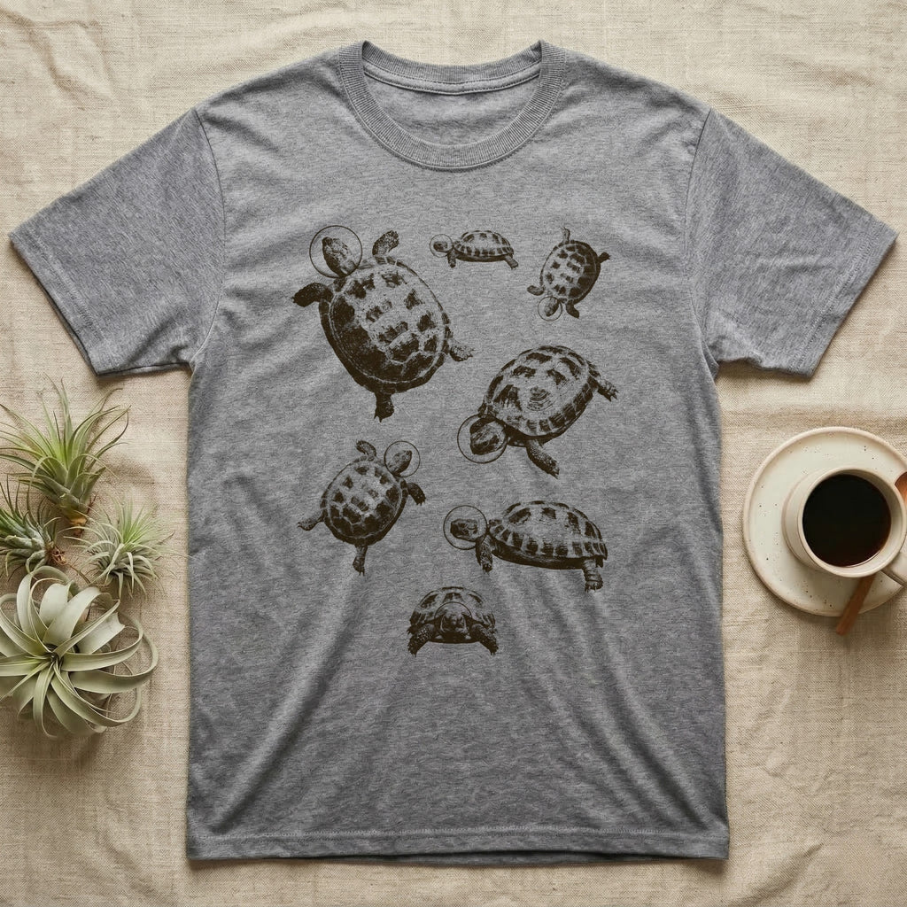 Russian Tortoise Space Helmets T-Shirt in Sport Grey — One-ink screen print of seven Russian tortoises in rounded space helmets drifting at varied sizes.