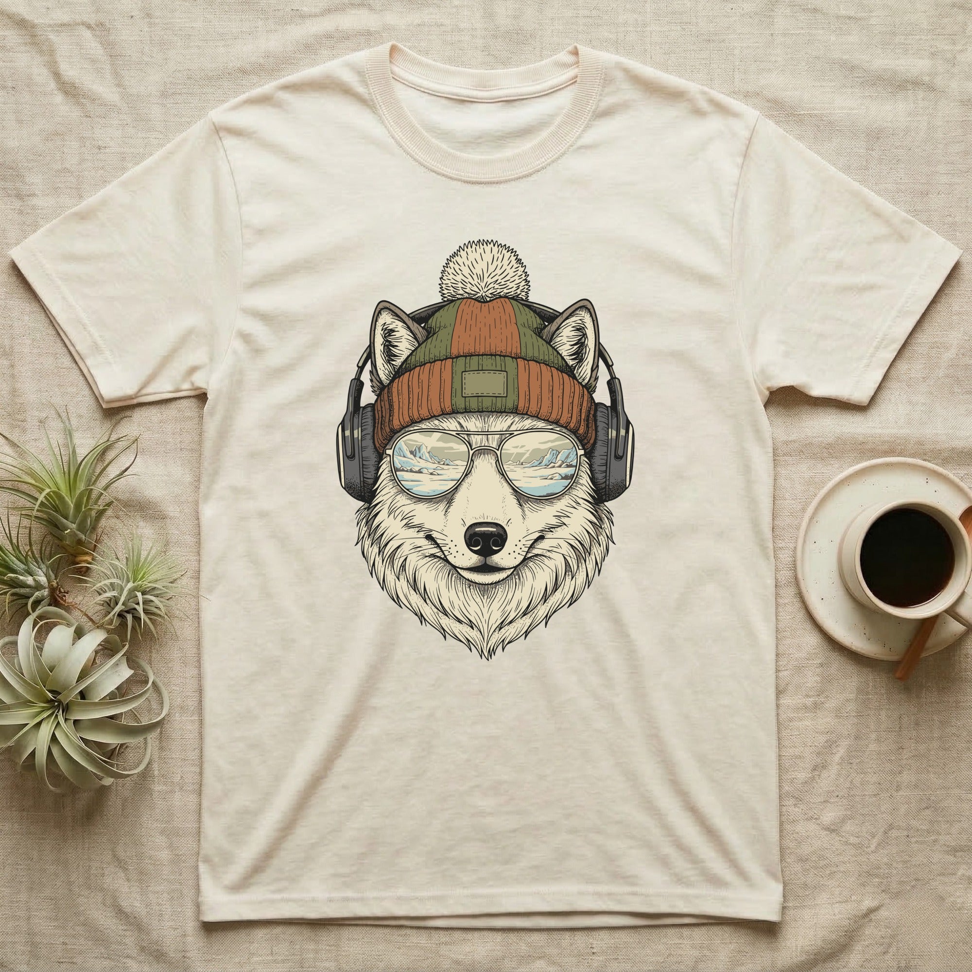 Wolf head wearing beanie and headphones with mirrored sunglasses.