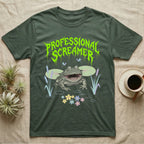 Budgett's Frog Feral T-Shirt in Military Green — Budgett's frog with wide screaming mouth under jagged acid-green metal text PROFESSIONAL SCREAMER with lily pads